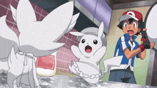 a cartoon character named ash is standing next to a white rabbit