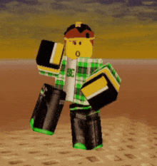 a roblox character wearing a green and yellow plaid shirt with the letter d on it