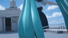 a girl in a sailor outfit is standing on a balcony with a blue curtain behind her