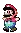a pixel art of a man wearing a red hat and blue shorts holding a gun .