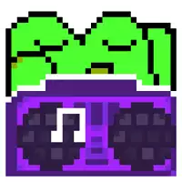 a pixel art of a green and purple chest with a music note .