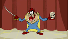 a cartoon character is holding a sword and a skull in his hands