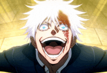a man with white hair and blue eyes is making a face with his mouth open