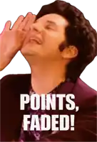 a man in a purple suit is laughing with the words points faded below him