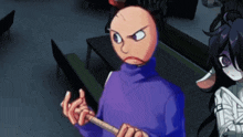 a man in a purple shirt is holding a stick in his hand