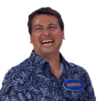 a man with a name tag that says harold is smiling