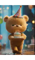 a teddy bear wearing a party hat is holding a cake with candles