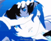 a cartoon character with blue hair and blue eyes is covering her face with her hand .