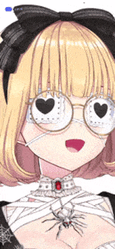 a close up of a girl wearing heart shaped glasses and a spider on her chest