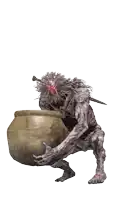 a cartoon drawing of a monster holding a large pot