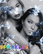 a black and white photo of two women with sparkles starmaker written on the bottom