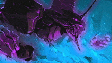 a purple and blue painting of a robot swimming in the water
