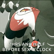 a cartoon character is smiling and says `` 2 hrs and half before sex - o clock '' .