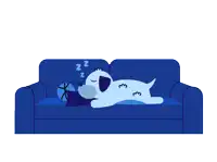 a dog is sleeping on a blue couch with the words " good night " written above it