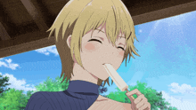 a blonde anime girl is eating a popsicle with her eyes closed