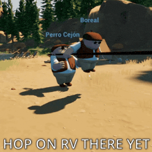 two cartoon characters standing next to each other with the words hop on rv there yet on the bottom