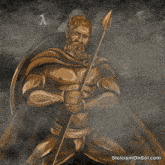 a statue of a man holding a spear with stoicismonsol.com written on the bottom