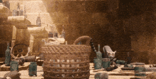 a wicker basket sits on a table surrounded by bottles and jars