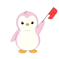 a pink penguin holds a red flag in its hand