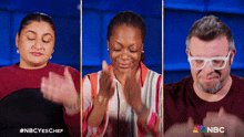 a collage of three people clapping with nbc written on the bottom