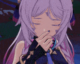 a close up of a girl with purple hair