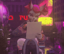 a cartoon character holding up a piece of paper with a heart on it
