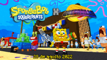 a poster for spongebob squarepants shows spongebob standing in front of a building
