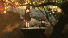 a couple of girls standing on a bench looking at something