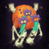 a cartoon drawing of a monster with purple flowers on its head