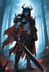 a demon with horns is holding a sword in a forest