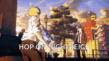 a cartoon scene with the words hop on nightreign on it