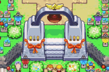 a pixel art drawing of a castle with flowers and a staircase