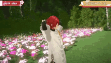 a cartoon character is standing in a field of flowers with a sign that says tooth sign