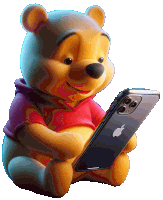 a winnie the pooh bear is holding an apple iphone