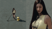 a woman in a yellow tank top that says real