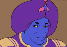 a cartoon drawing of a genie with a purple turban on his head