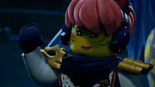 a close up of a lego figure with pink hair and a gold sword