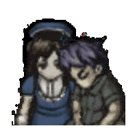 a boy and a girl are hugging each other in a pixel art style .