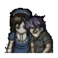 a boy and a girl are hugging each other in a pixel art style .