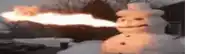 a snowman with a hat is holding a torch in his mouth .