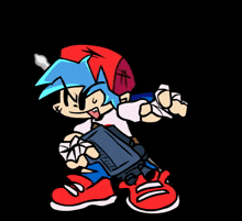 a cartoon character holding a gun and a sword
