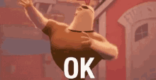 a cartoon chicken is standing in front of a building and giving the middle finger .