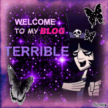 a purple background with the words welcome to my blog is terrible on it