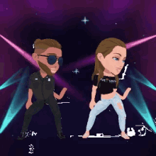 a man and a woman are dancing on a stage with purple lights behind them