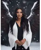 a woman with angel wings is wearing a fur coat