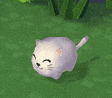 a purple cat is walking in the grass and smiling