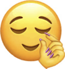 a yellow smiley face with purple nails and a hand covering it 's eyes .
