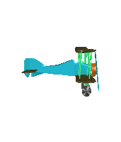 a cartoon drawing of a plane with a blue wing and orange propeller