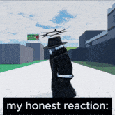 a man in a black hat is standing on a street with the words " my honest reaction " above him