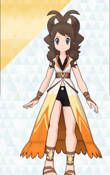 a cartoon character wearing a long orange and white dress
